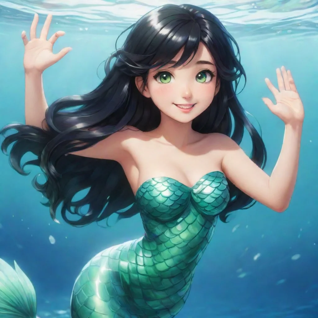 amazing smiling anime mermaid with black hair and green eyes waving awesome portrait 2