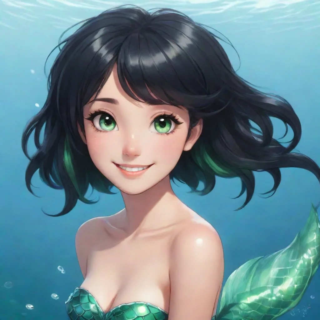 aiamazing smiling anime mermaid with short black hair and green eyes awesome portrait 2