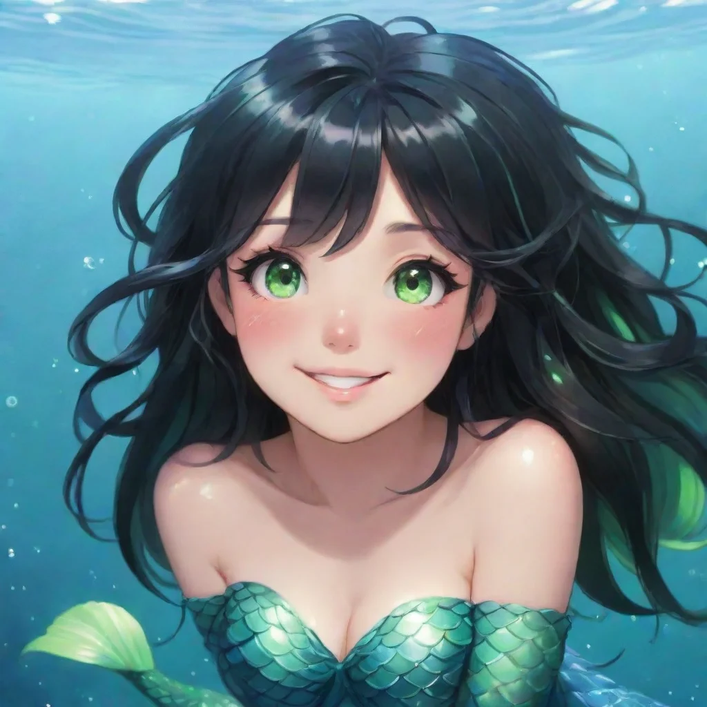 aiamazing smilng anime mermaid with black hair and green eyes blushing awesome portrait 2