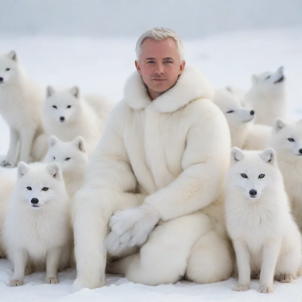 aiamazing snowy background%2C human male in a white arctic fox fursit sitting with other arctic foxes awesome portrait 2
