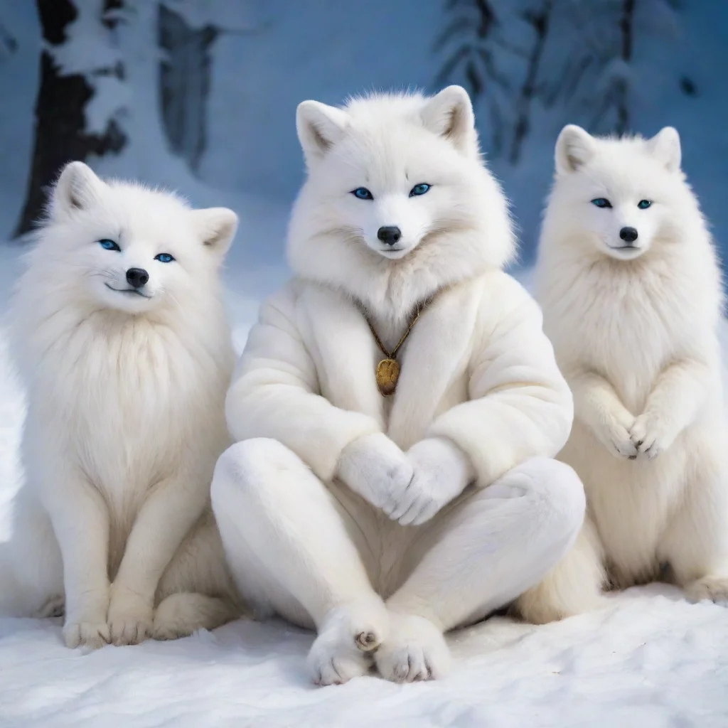 aiamazing snowy background%2C human male in a white arctic fox fursuit sitting with other arctic foxes awesome portrait 2