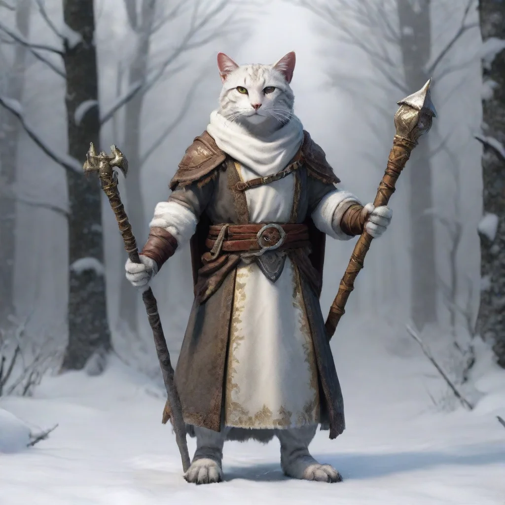 aiamazing snowy tabaxi cleric%2C full length%2C holding a mace%2C winter forests awesome portrait 2