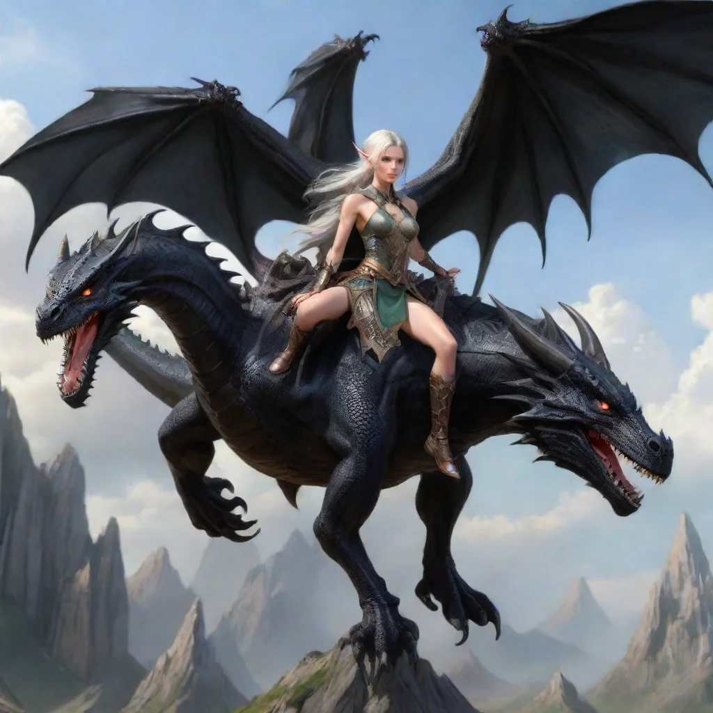 amazing sporty slim high elf rides on a huge black dragon awesome portrait 2