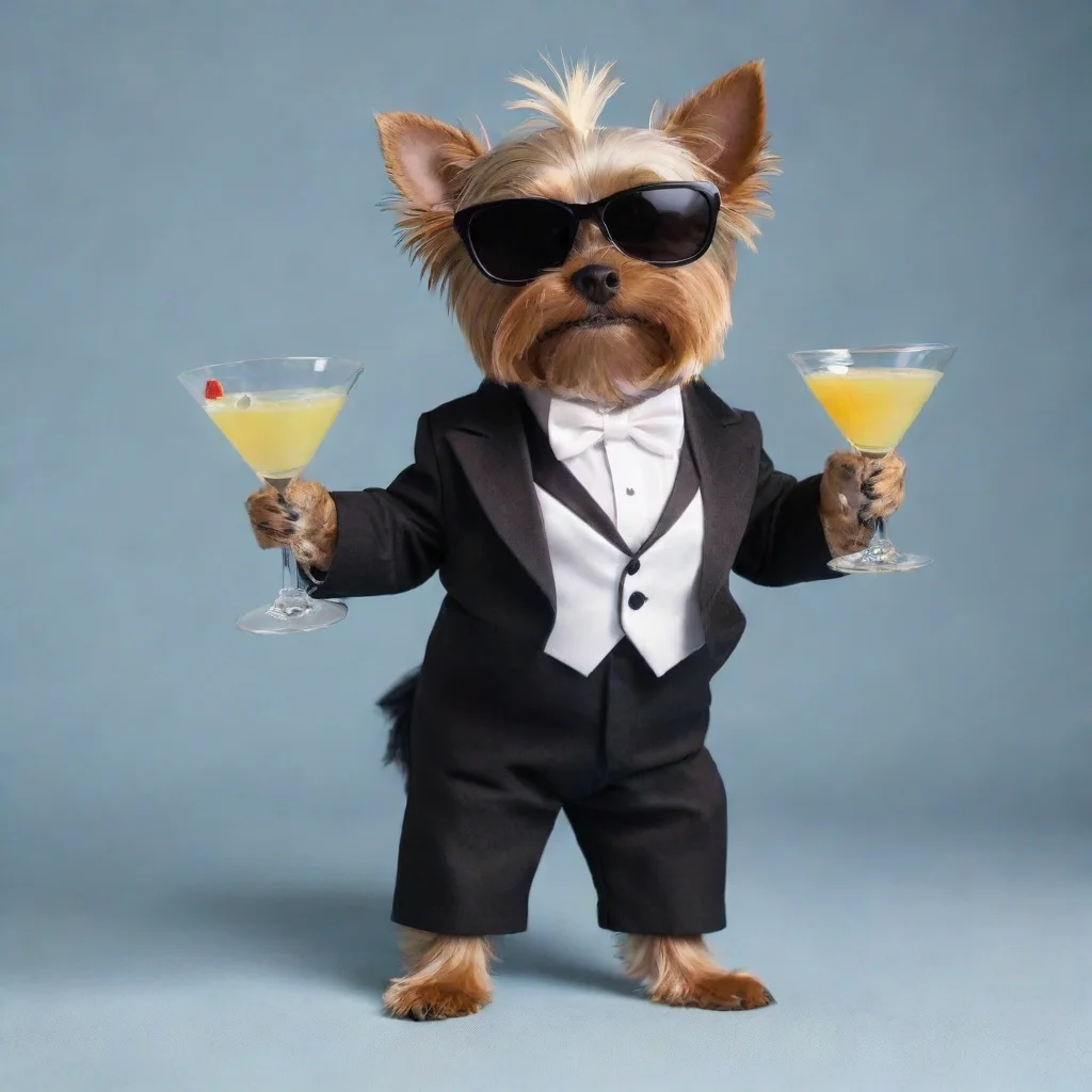 amazing standing  on two feet yorkshire terrier dressed in tuxedo wearing sunglasses holding a martini awesome portrait 2