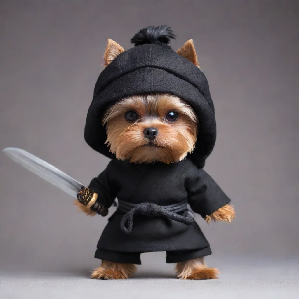 amazing standing fierce yorkshire terrier dressed as a  ninja with covered head only eyes holding a long  katana with both hands awesome portrait 2