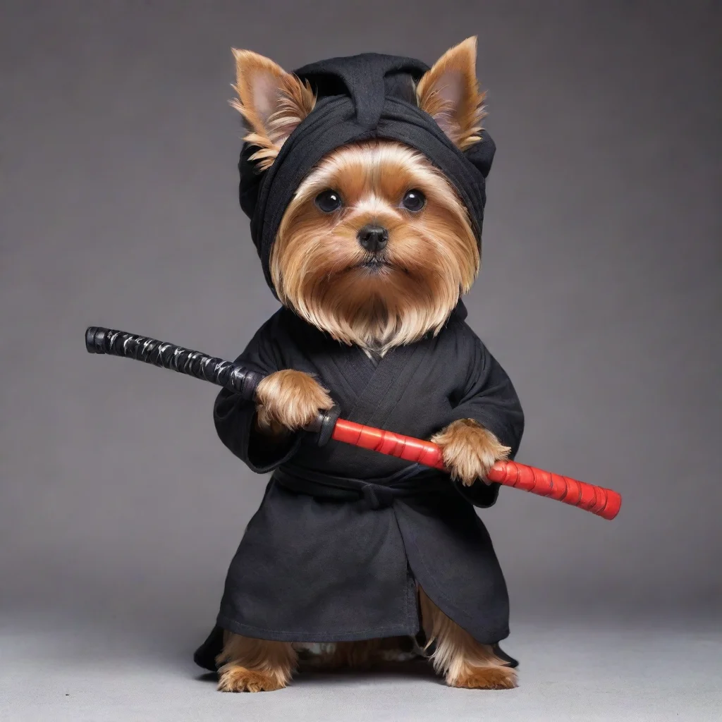 amazing standing fierce yorkshire terrier dressed as a hollywood ninja with covered head holding a long  katana with both hands awesome portrait 2