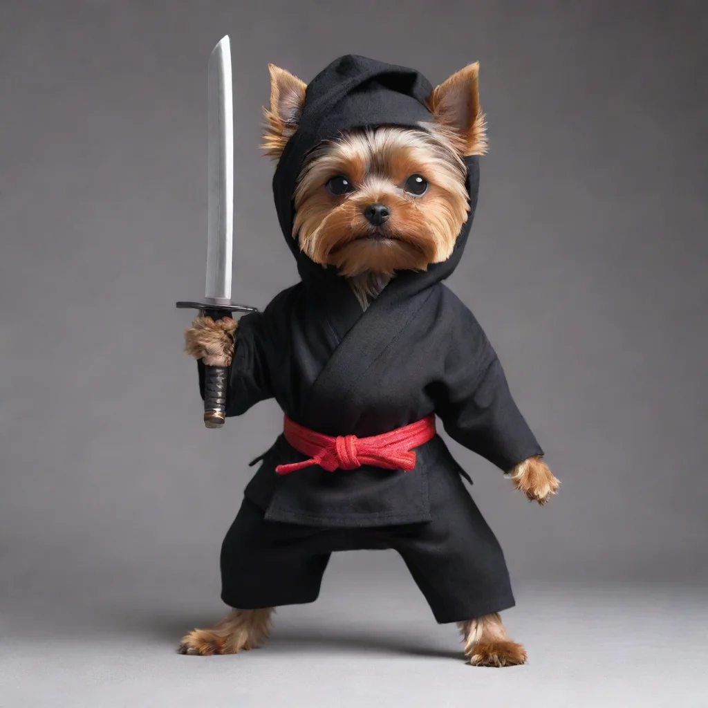 amazing standing yorkshire terrier dressed as a hollywood ninja with covered head holding a katana awesome portrait 2