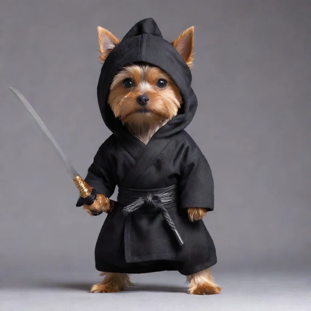 amazing standing yorkshire terrier dressed as a hollywood ninja with covered head holding a katana with menacing position awesome portrait 2