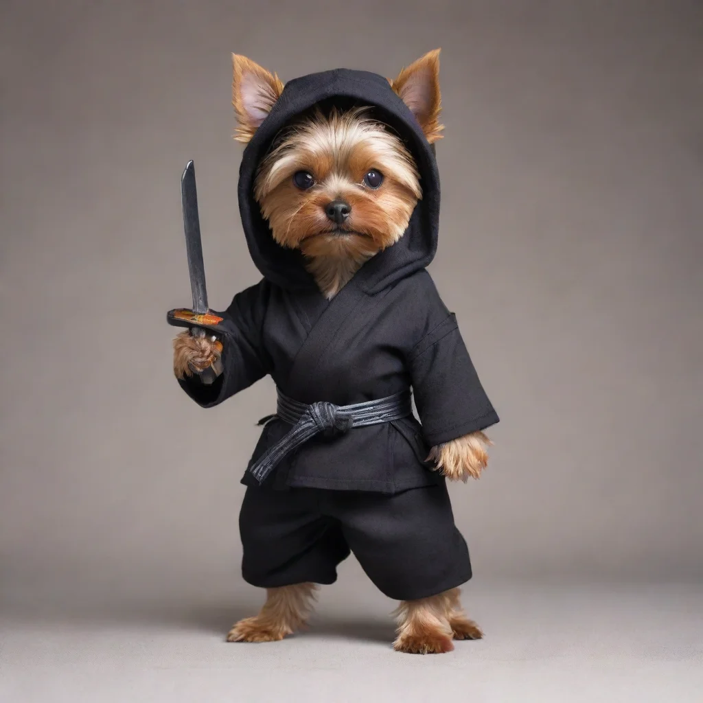 amazing standing yorkshire terrier dressed as a hollywood ninja with covered head holding a katana with war position awesome portrait 2