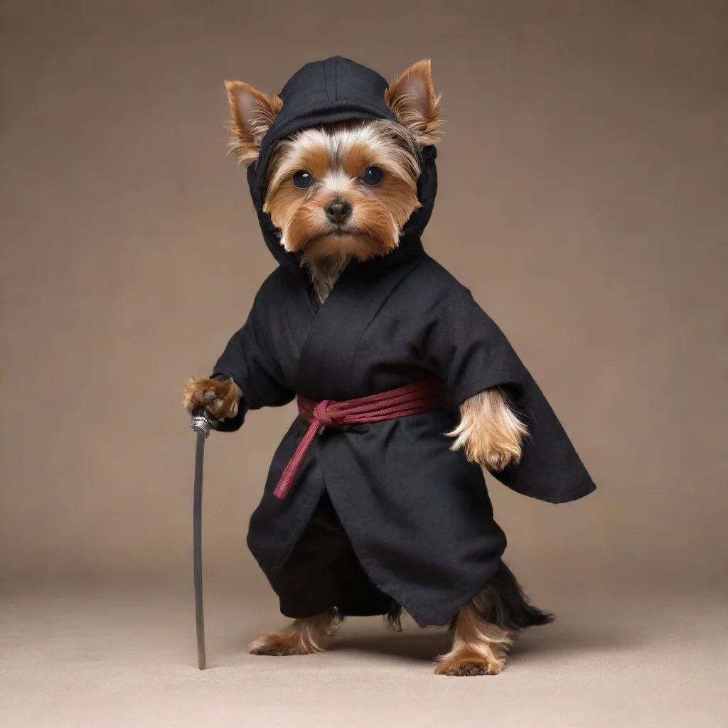 amazing standing yorkshire terrier dressed as a hollywood ninja with covered head holding a long  katana with two hands  war position awesome portrait 2