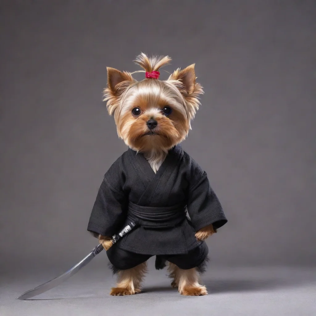 aiamazing standing yorkshire terrier dressed as a ninja holding a katana awesome portrait 2