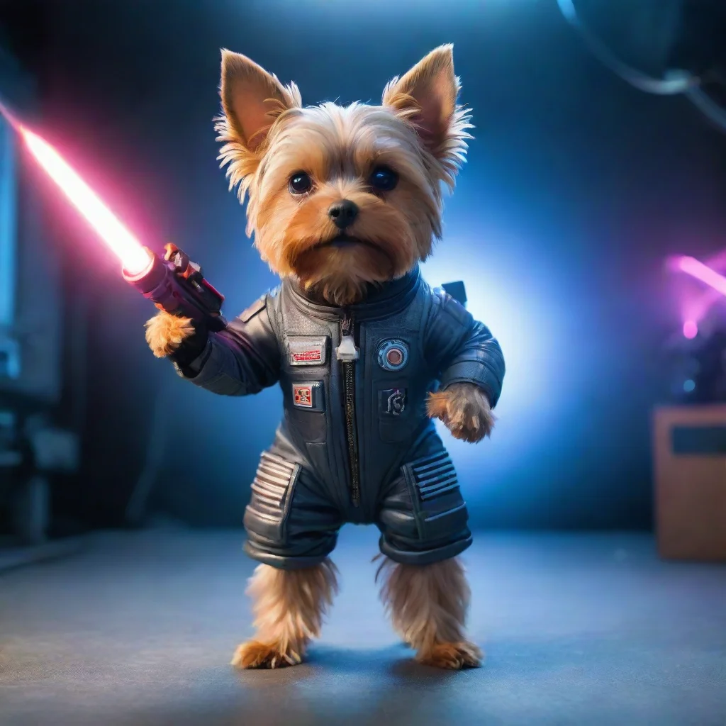 amazing standing yorkshire terrier in a cyberpunk space suit firing a laser awesome portrait 2