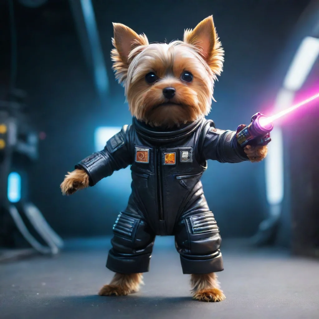 amazing standing yorkshire terrier in a cyberpunk space suit firing n laser confident. awesome portrait 2