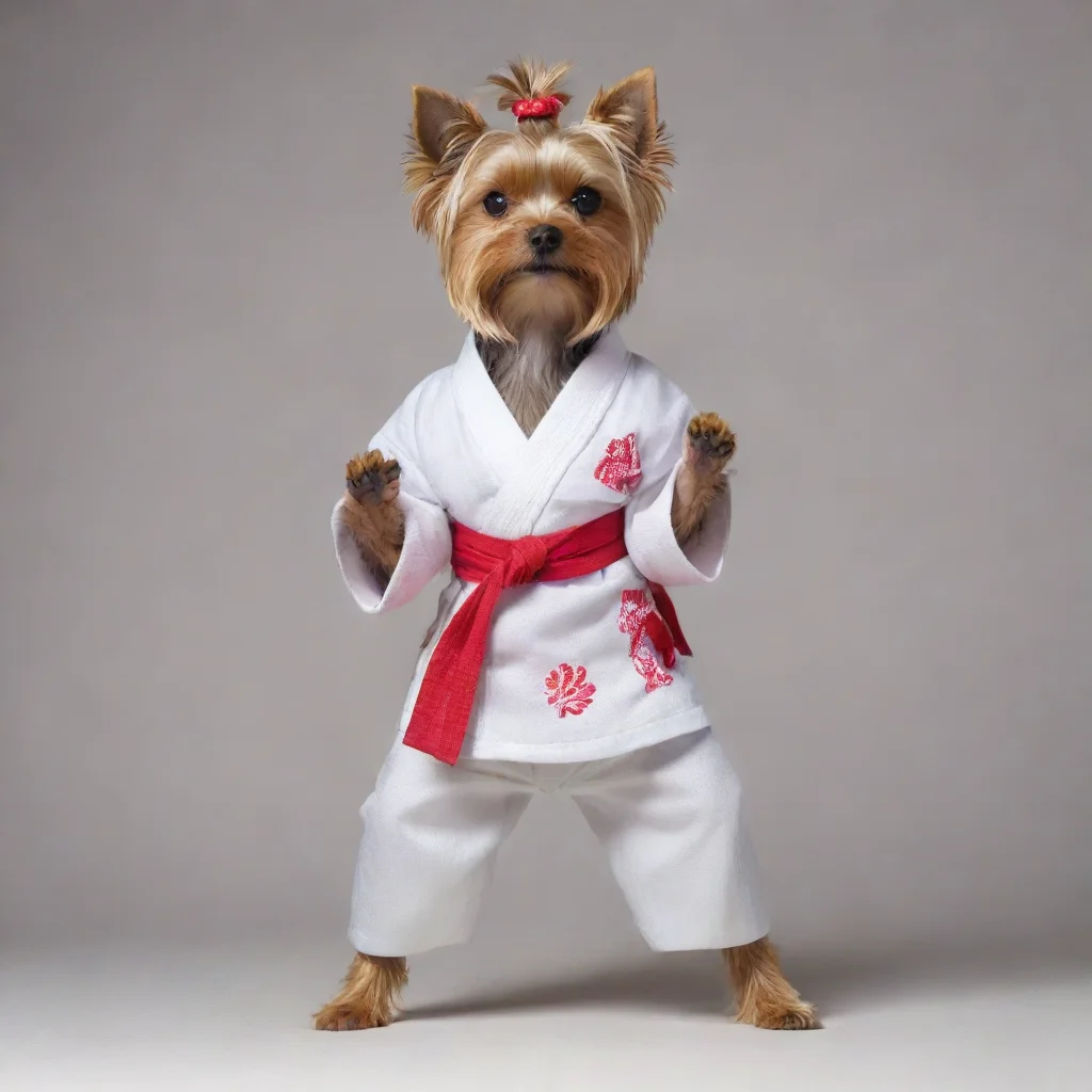 amazing standing yorkshire terrier in a karateka kimono doing a kata awesome portrait 2