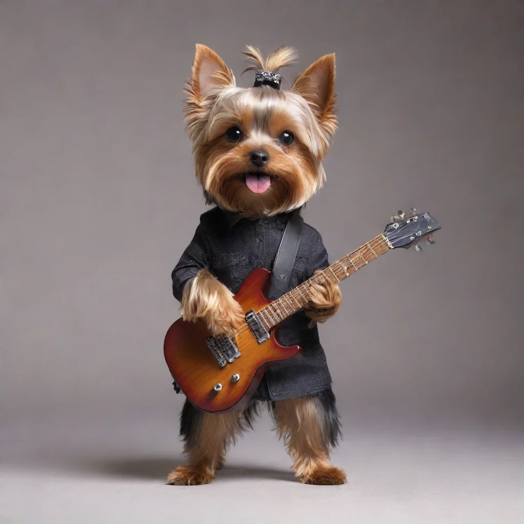 amazing standing yorkshire terrier playing the electric guitar awesome portrait 2