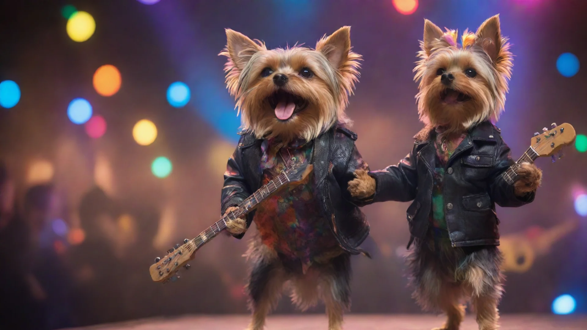 amazing standing yorkshire terrier playing the electric guitar wearing a leater jacket and another one singing holding a micro under colorful lights with public concert awesome portrait 2 wide