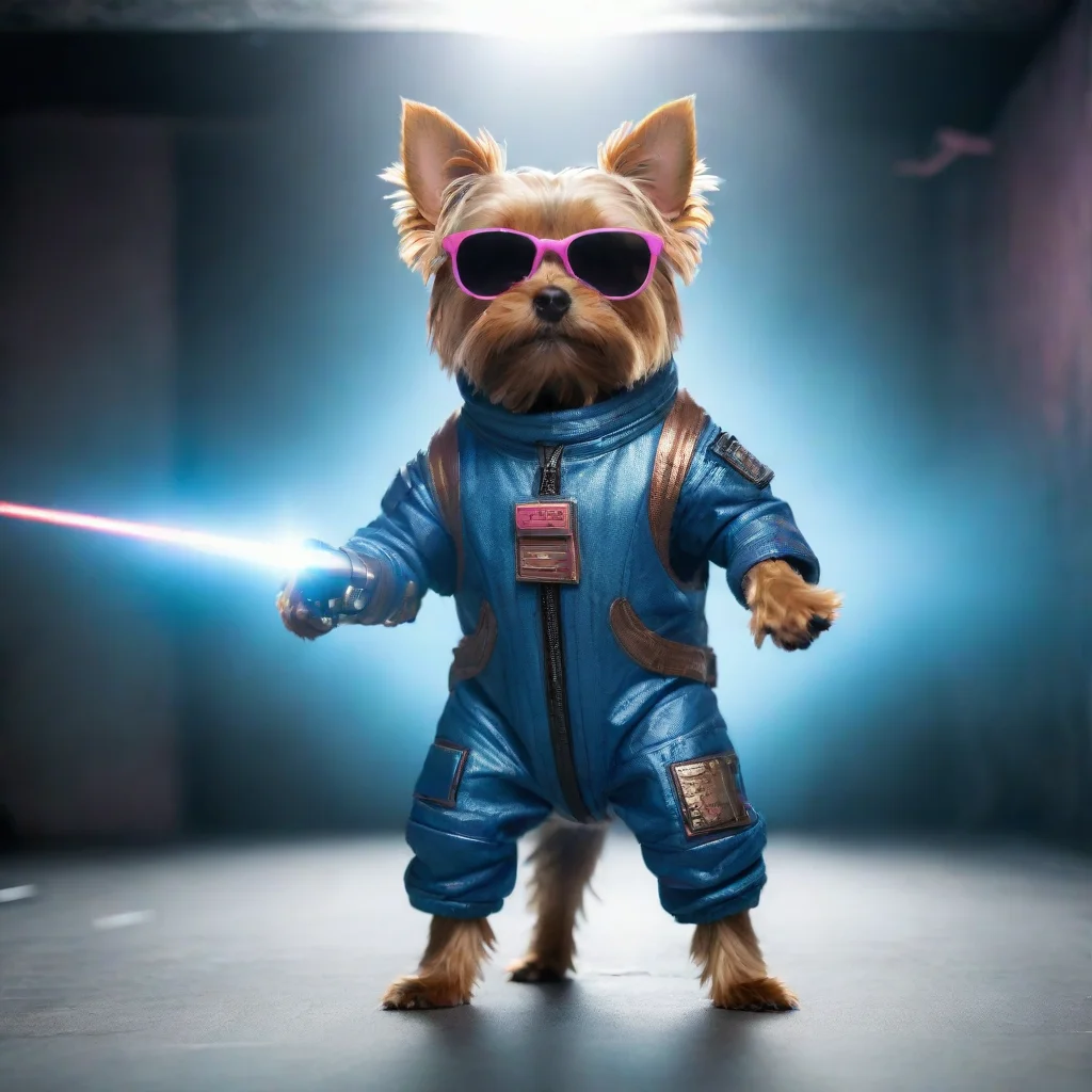 amazing standing yorkshire terrier with sunglasses in a cyberpunk space suit firing a laser beam confident awesome portrait 2