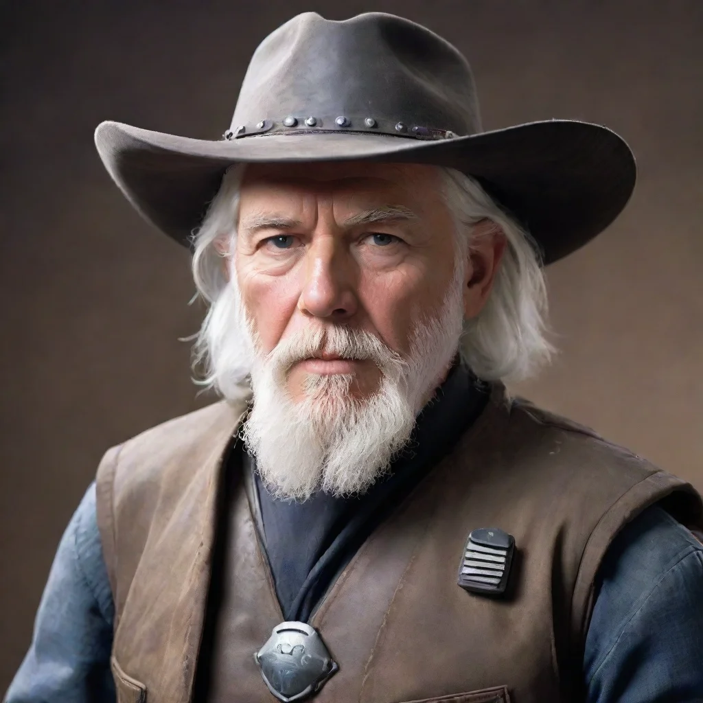 aiamazing star wars mercenary%2C 50 year old%2C white hair%2C white beard%2C wearing a cowboy hat%2C wearing sci fi armor awesome portrait 2
