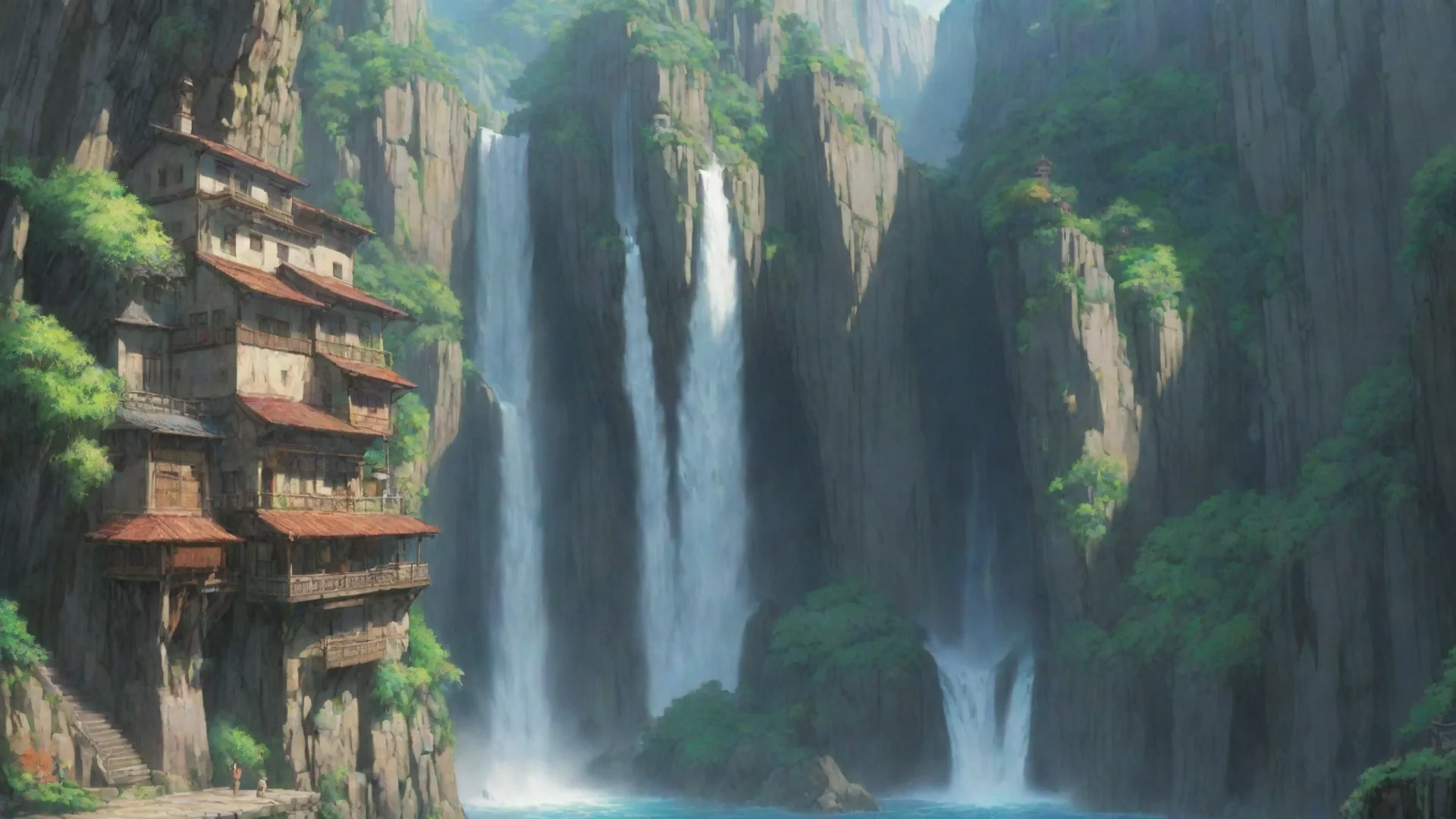 aiamazing studio ghibli best award winning art environment sheer overhang cliff water fall city  awesome portrait 2 wide