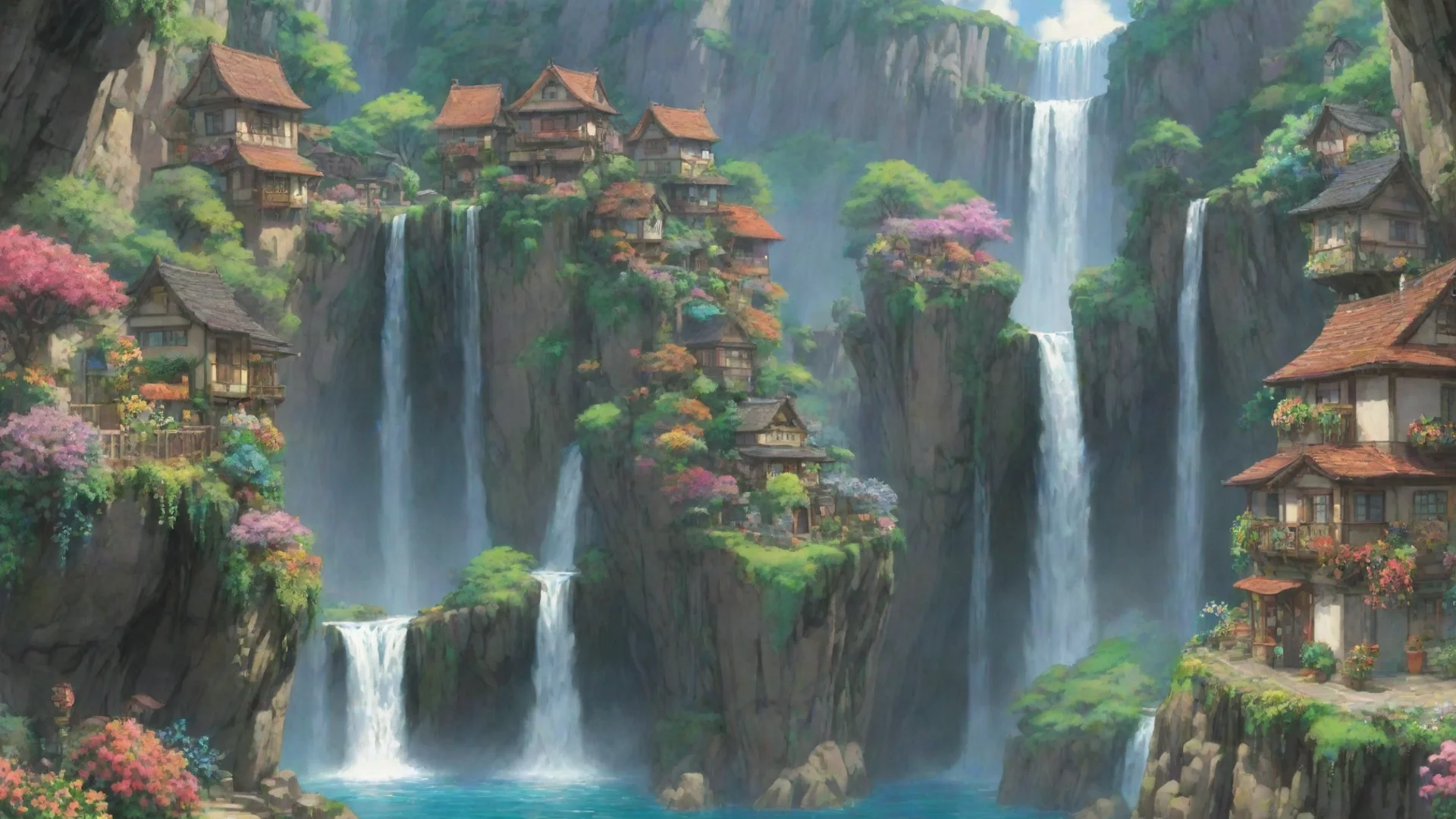 aiamazing studio ghibli best award winning art environment sheer overhang cliff water fall city cute town with flowers hanging plants awesome portrait 2 wide