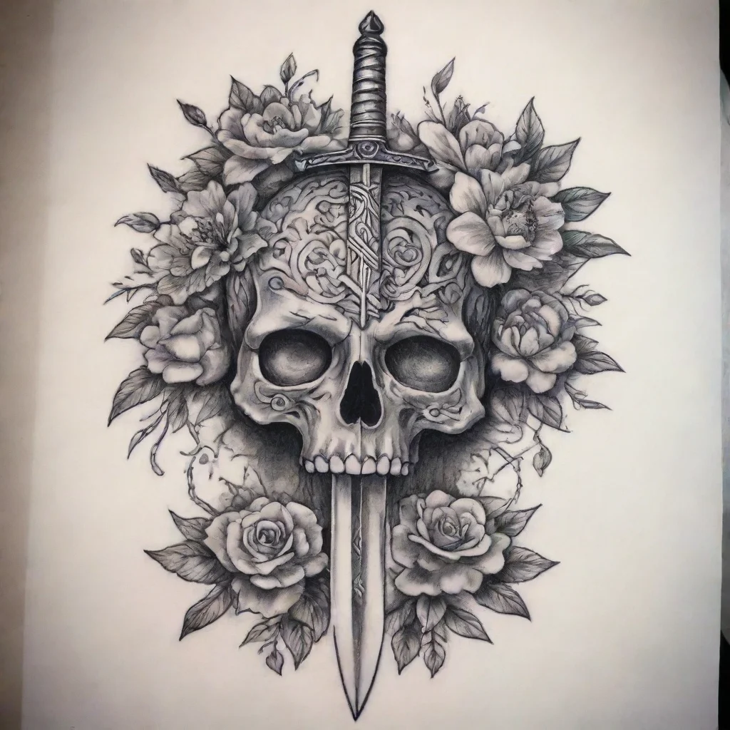 aiamazing sword throught brain with flowers fine line tattoo awesome portrait 2