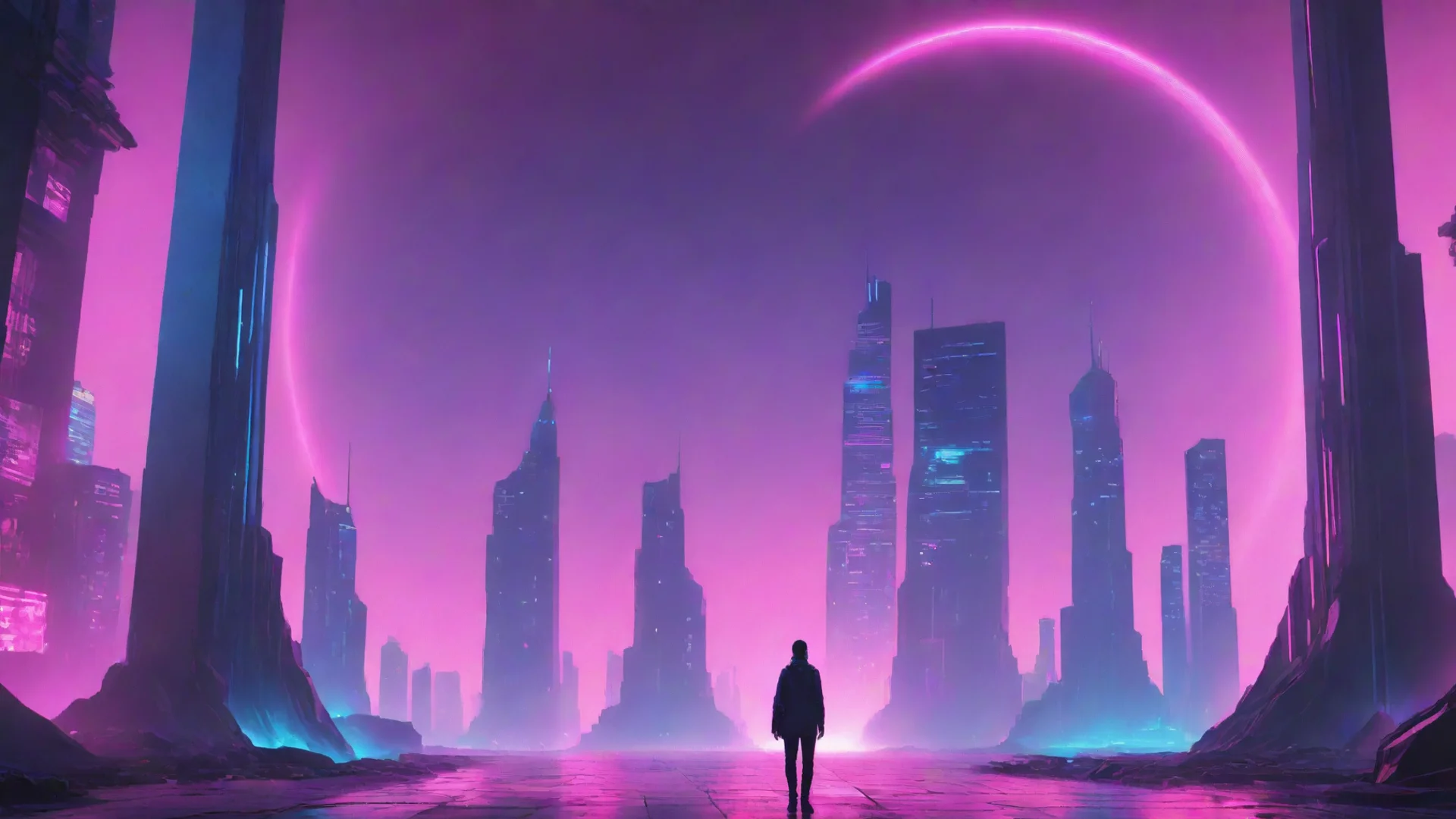 amazing synthwave of a futuristic city and a man standing behind the portal awesome portrait 2 wide