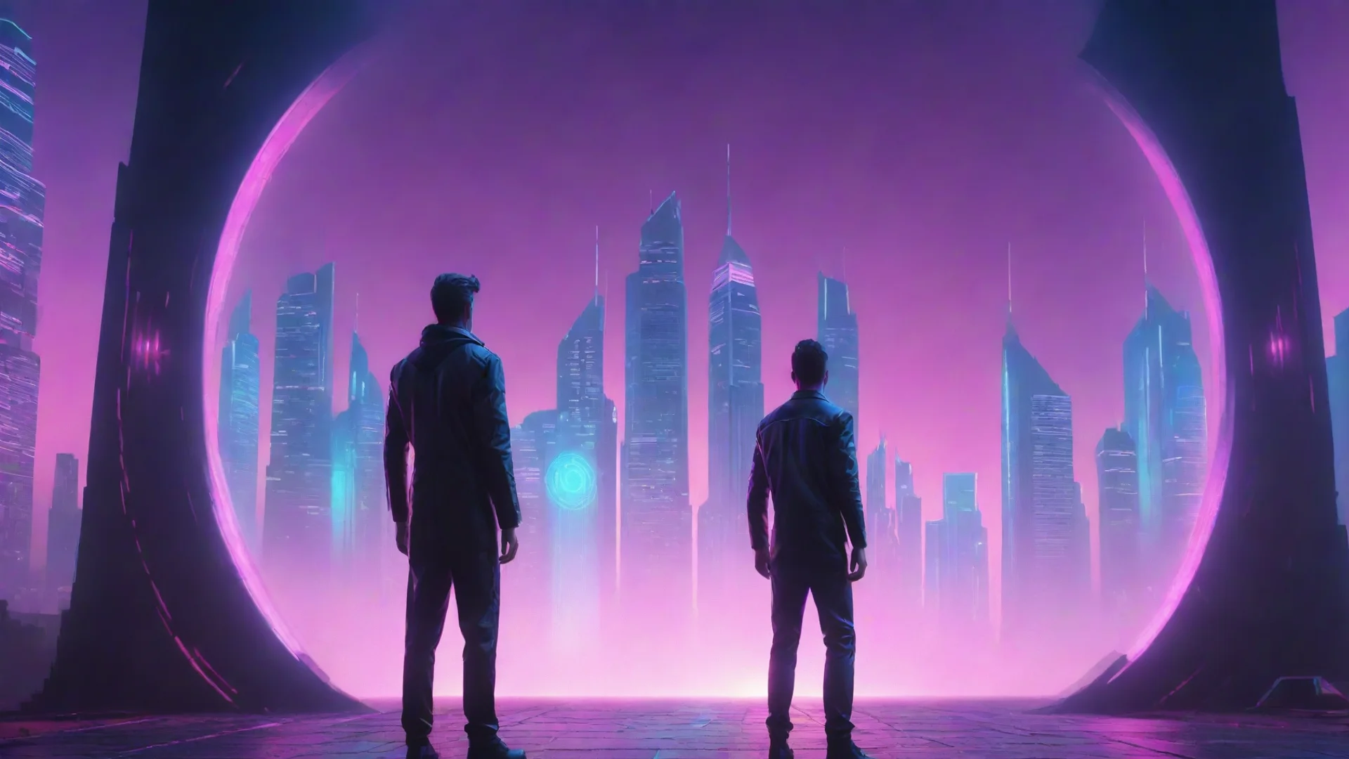 amazing synthwave of a man standing behind the portal of the futuristic city awesome portrait 2 wide