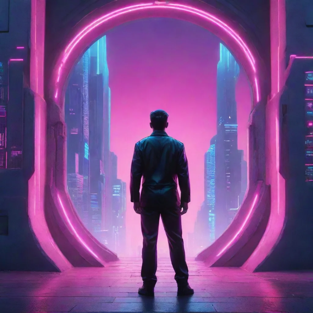 amazing synthwave of a man standing behind the portal of the futuristic city awesome portrait 2