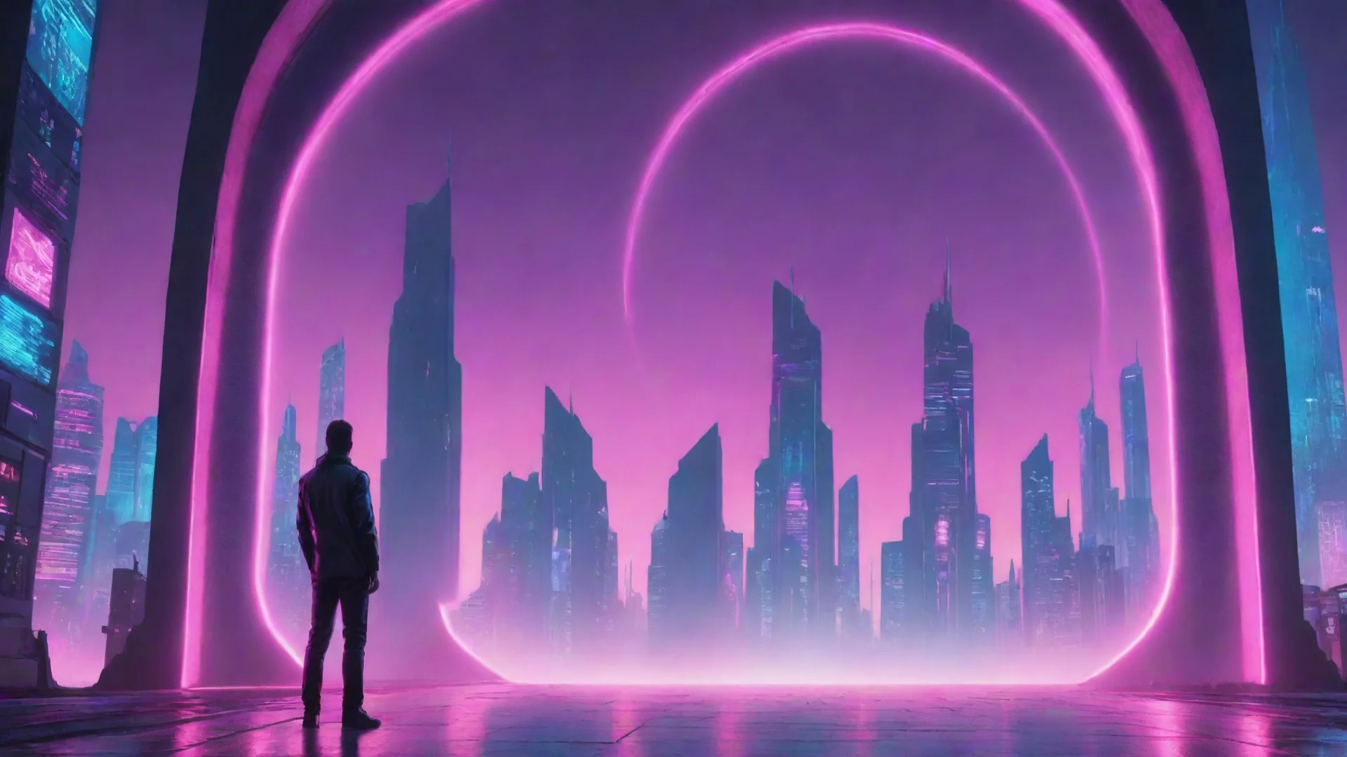 amazing synthwave of one man standing behind the portal of the futuristic city awesome portrait 2 wide