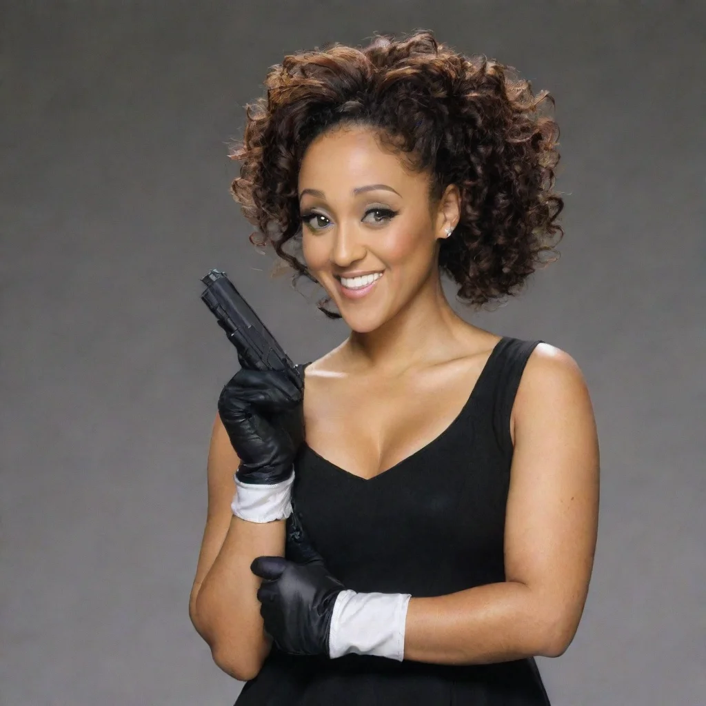 amazing tamara mowry as tamera from sister sister  smiling with black gloves and gun awesome portrait 2