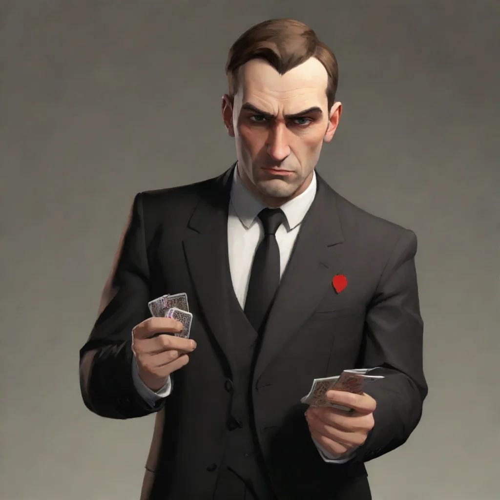 aiamazing tf2  a polish man with a gambling addiction%2C in a black suit and tie with a revolver and a pack of cards awesome portrait 2