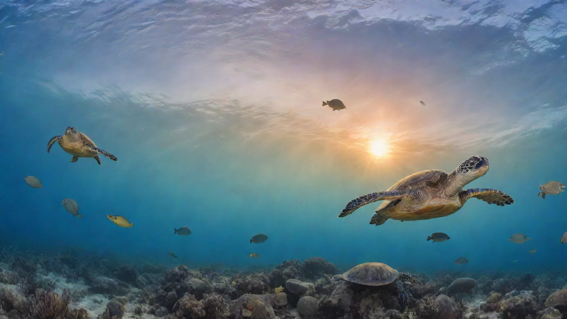 aiamazing the 7 types of sea turtles swimming in the ocean with some other fish and sea weed%2C show only half the ocean and the other half as the sky with a sunset awesome portrait 2 wide