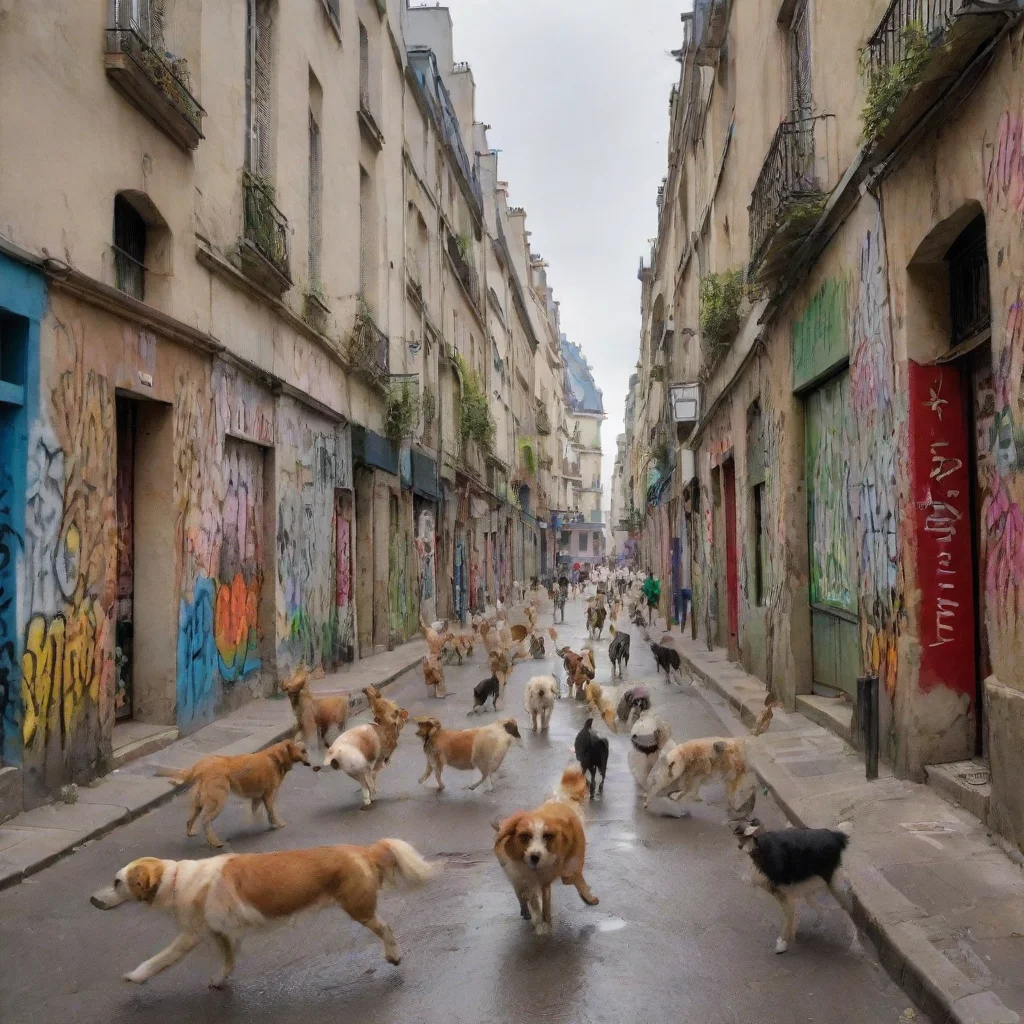 aiamazing the city of paris with hundreds of happy dogs and cats running around%2C spraying graffity on the walls. awesome portrait 2