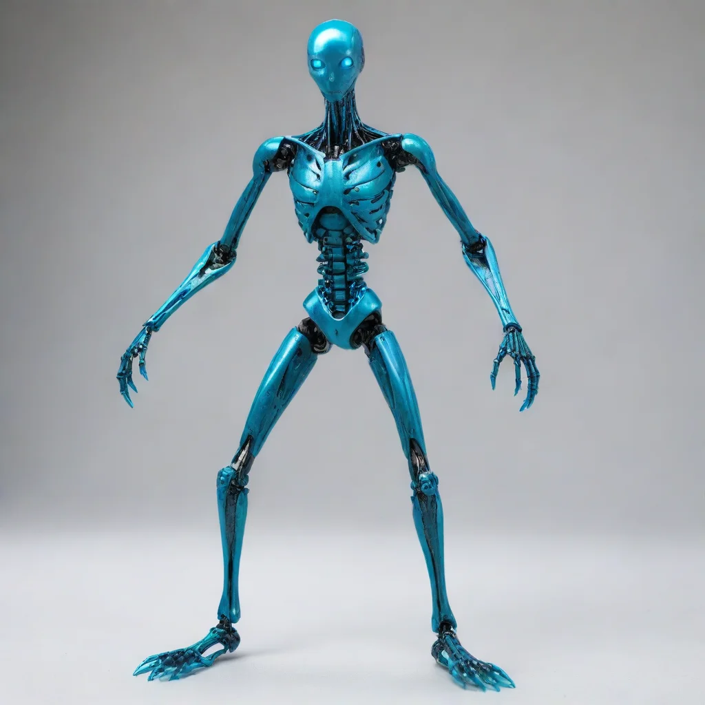 amazing this male stickman has a unique appearance with a blue coloration and teal eyes. equipped with carbon steel hands and cybernetic legs. awesome portrait 2
