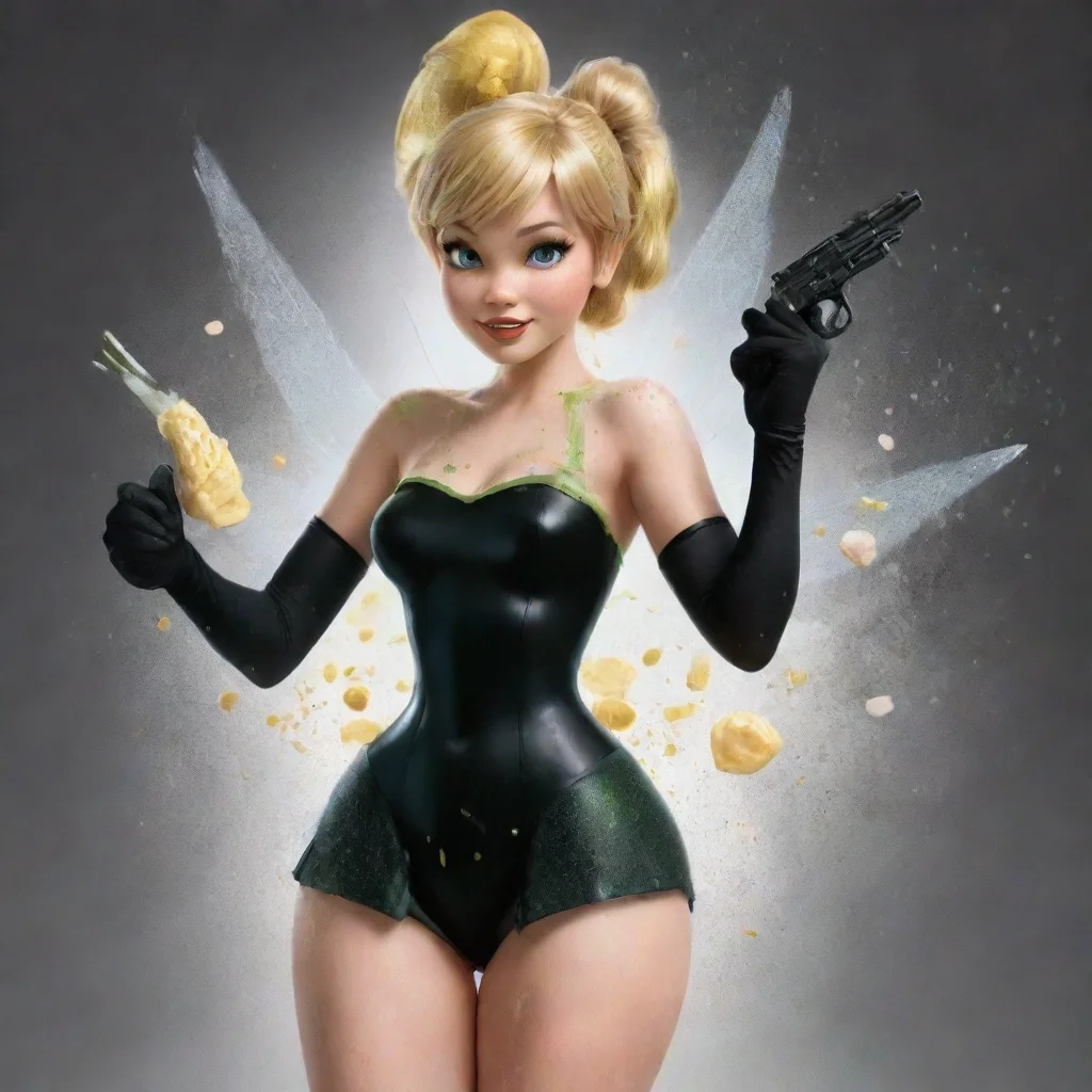 aiamazing tinker bell from disney with black gloves and gun and mayonnaise splattered everywhere awesome portrait 2