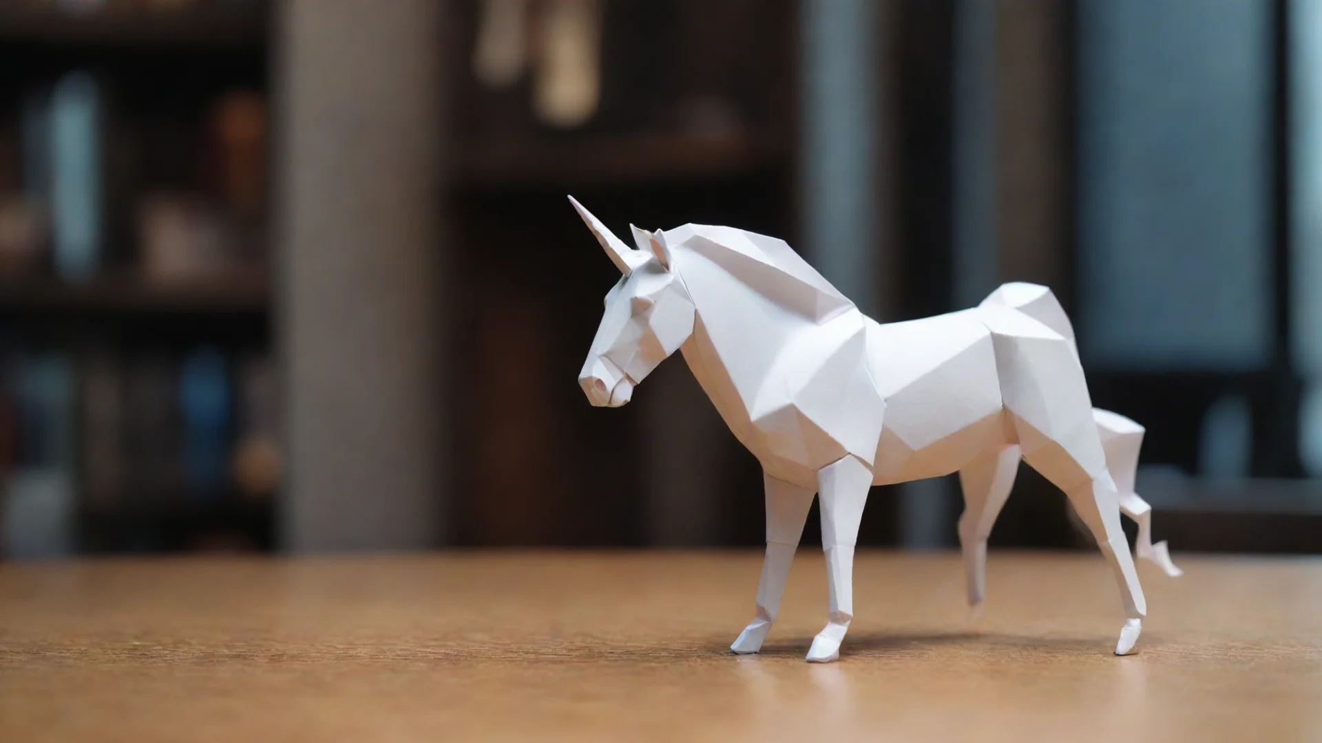 amazing tiny full folded paper unicorn figure origami unicorn horse on a table cyberpunk crowded scifi bar gloomy melancholicult ai art generator awesome portrait 2 wide