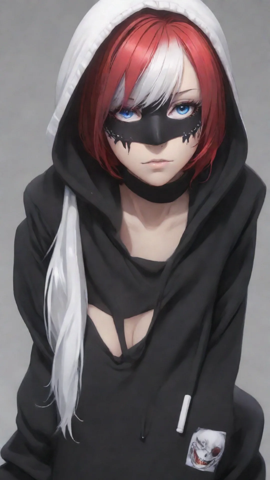 aiamazing tokyo ghoul%2C multi color white and red hair%2C one kakugan eye%2C one blue eye%2C black hoodie%2C d cup%2C black half mask awesome portrait 2 tall