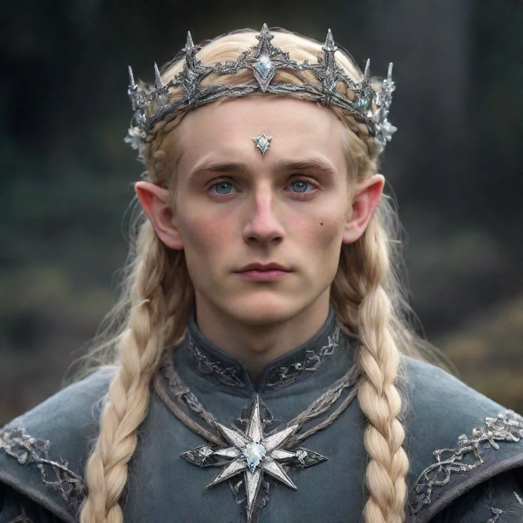 aiamazing tolkien king amdir with blond hair and braids wearing silver star flowers encrusted with diamonds to form a silver elvish circlet with large center diamond awesome portrait 2