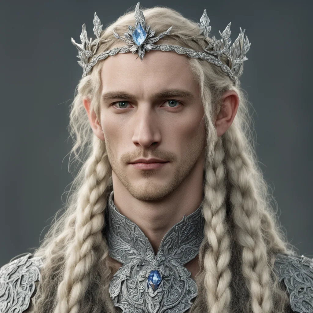 aiamazing tolkien king amroth with blond hair and braids wearing silver flower serpentine sindarin elvish circlet encrusted with diamonds with large center diamond  awesome portrait 2