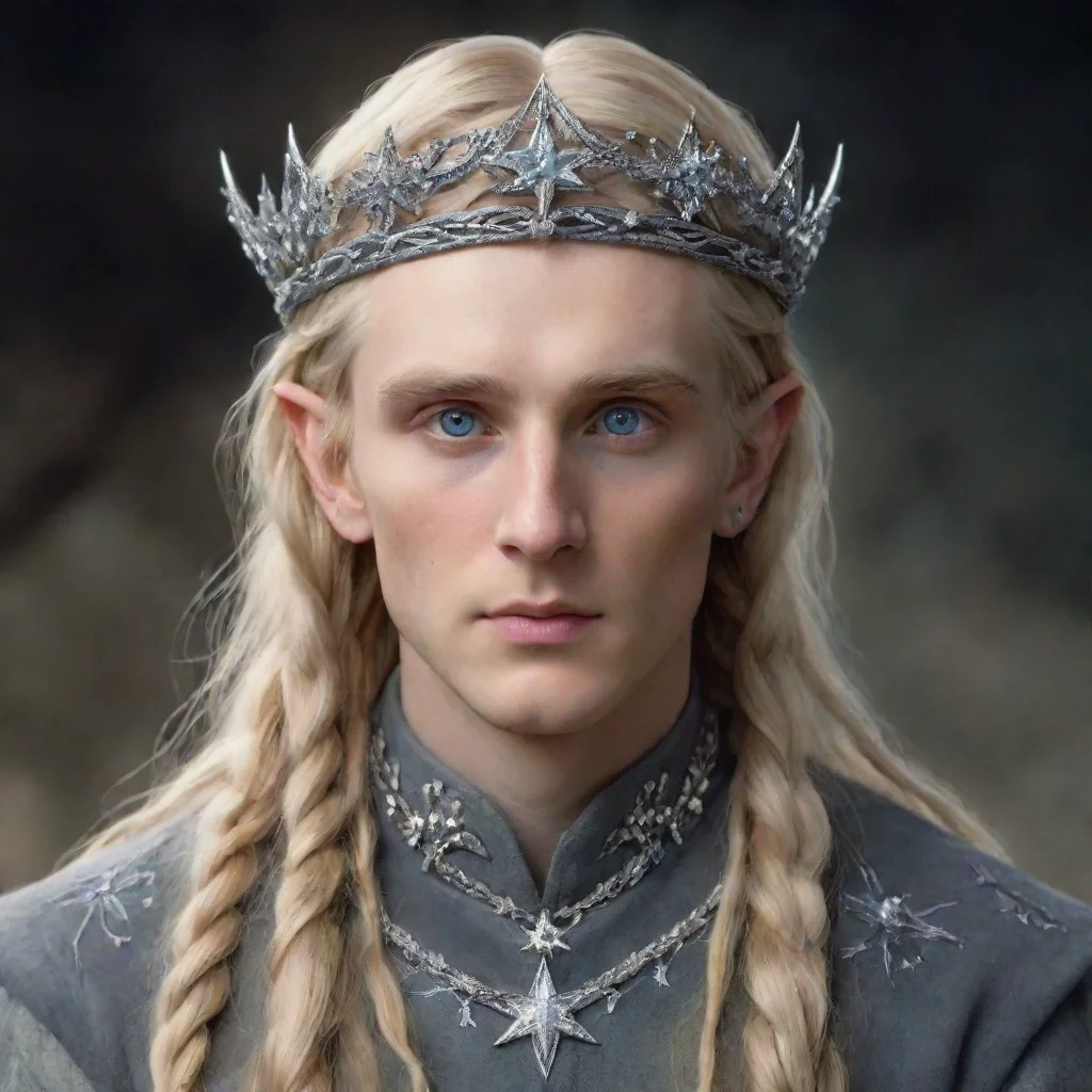 aiamazing tolkien king amroth with blond hair and braids wearing silver star flowers encrusted with diamonds to form a silver elvish circlet with large center diamond awesome portrait 2