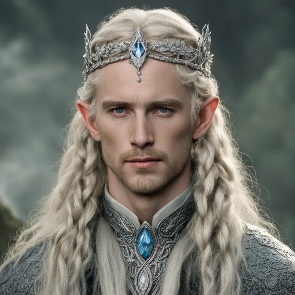 aiamazing tolkien king oropher with blond hair and braids wearing silver flower serpentine sindarin elvish circlet encrusted with diamonds with large center diamond  awesome portrait 2