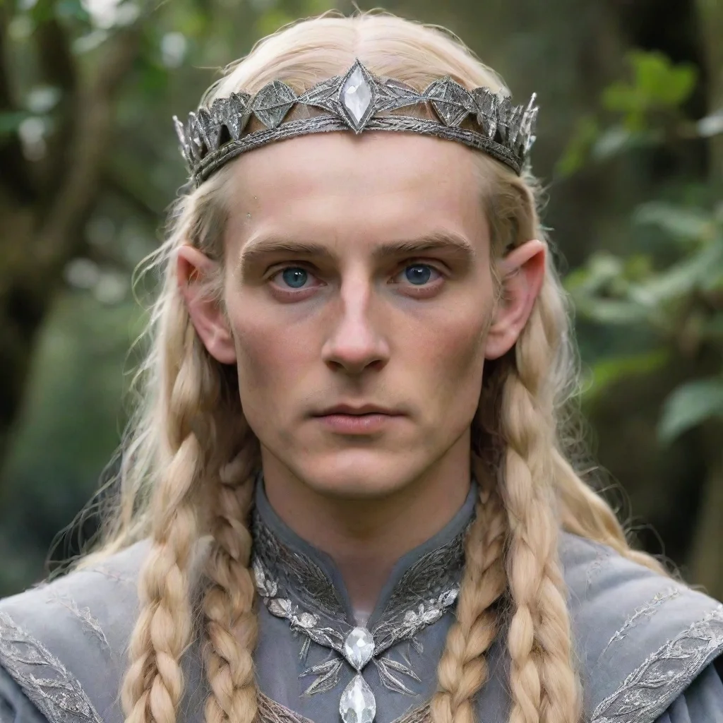 amazing tolkien king oropher with blond hair and braids wearing silver laurel leaf encrusted with diamonds to form a silver elvish circlet encrusted with diamonds with large center diamond  awesome 