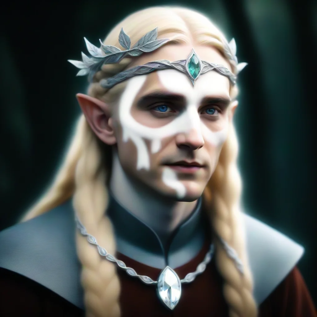 amazing tolkien king oropher with blond hair and braids wearing silver laurel leaf encrusted with diamonds to form a silver serpentine elvish circlet encrusted with diamonds with large center diamon