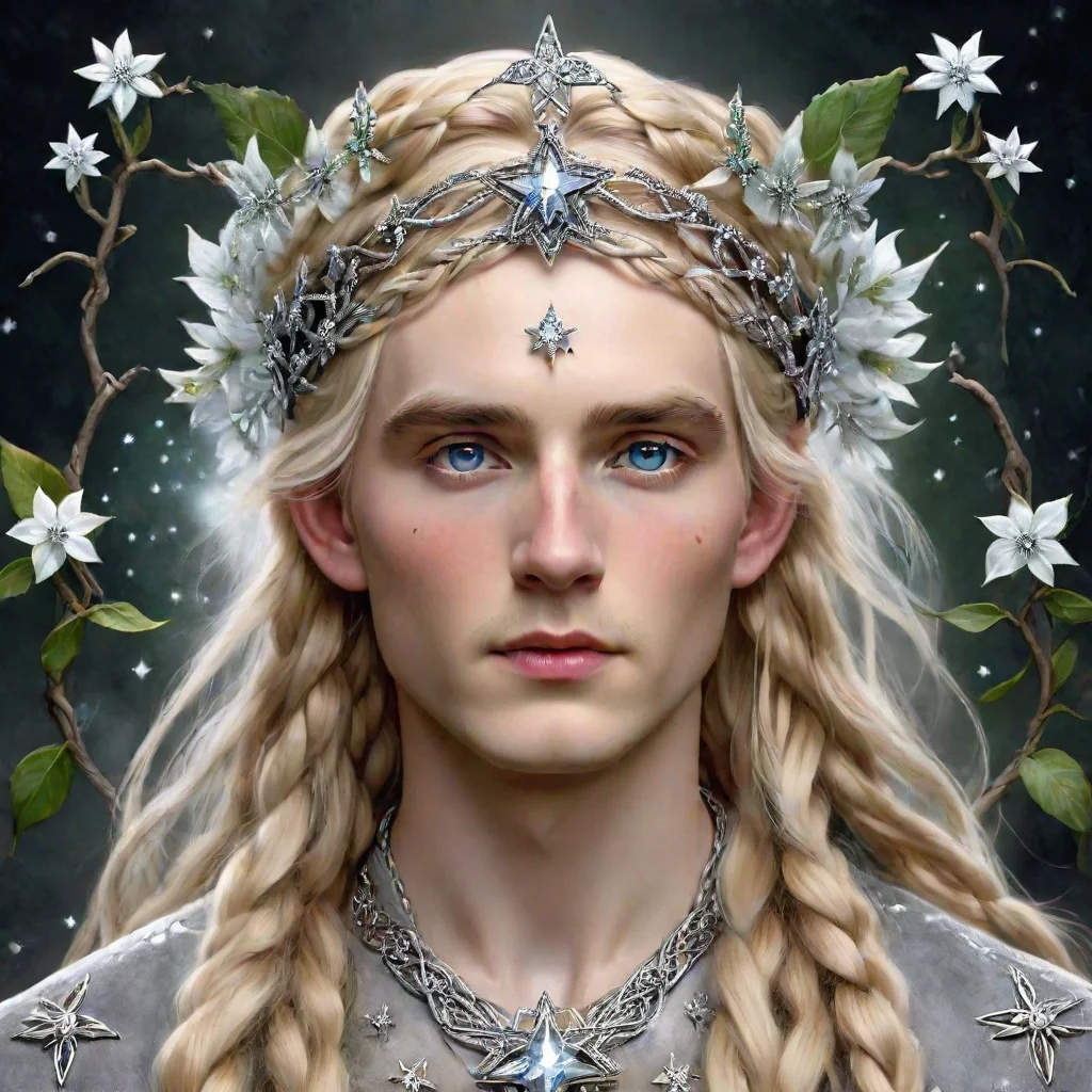 aiamazing tolkien king oropher with blond hair and braids wearing silver star flowers encrusted with diamonds to form a silver elvish circlet with large center diamond awesome portrait 2