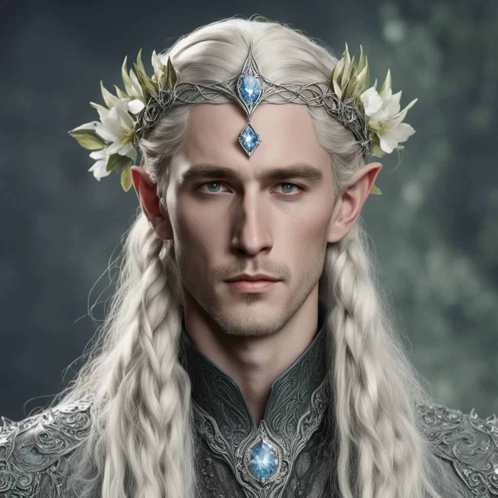 aiamazing tolkien king thranduil with blond hair and braids wearing silver flower serpentine sindarin elvish circlet encrusted with diamonds with large center diamond  awesome portrait 2