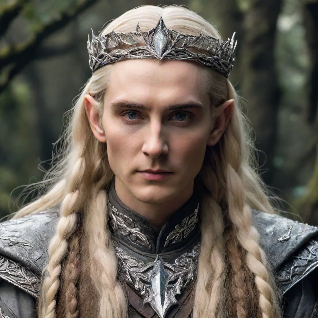 aiamazing tolkien king thranduil with blond hair and braids wearing silver oak leaf serpentine circlet encrusted with diamonds with large center diamond awesome portrait 2