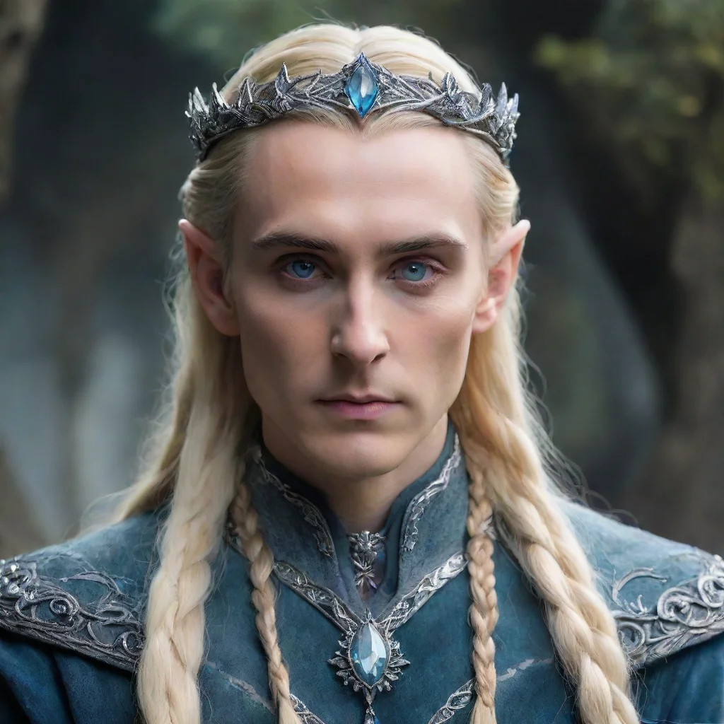 amazing tolkien king thranduil with blond hair and braids wearing silver serpentine sindarin elvish circlet encrusted with diamonds with large center bluish diamond  awesome portrait 2