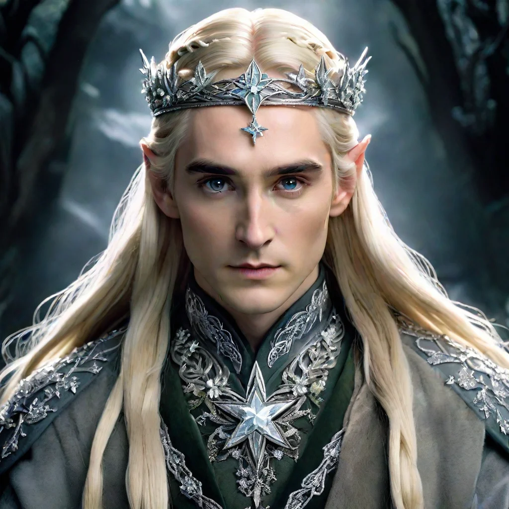 amazing tolkien king thranduil with blond hair and braids wearing silver star flowers encrusted with diamonds to form a silver elvish circlet with large center diamond awesome portrait 2