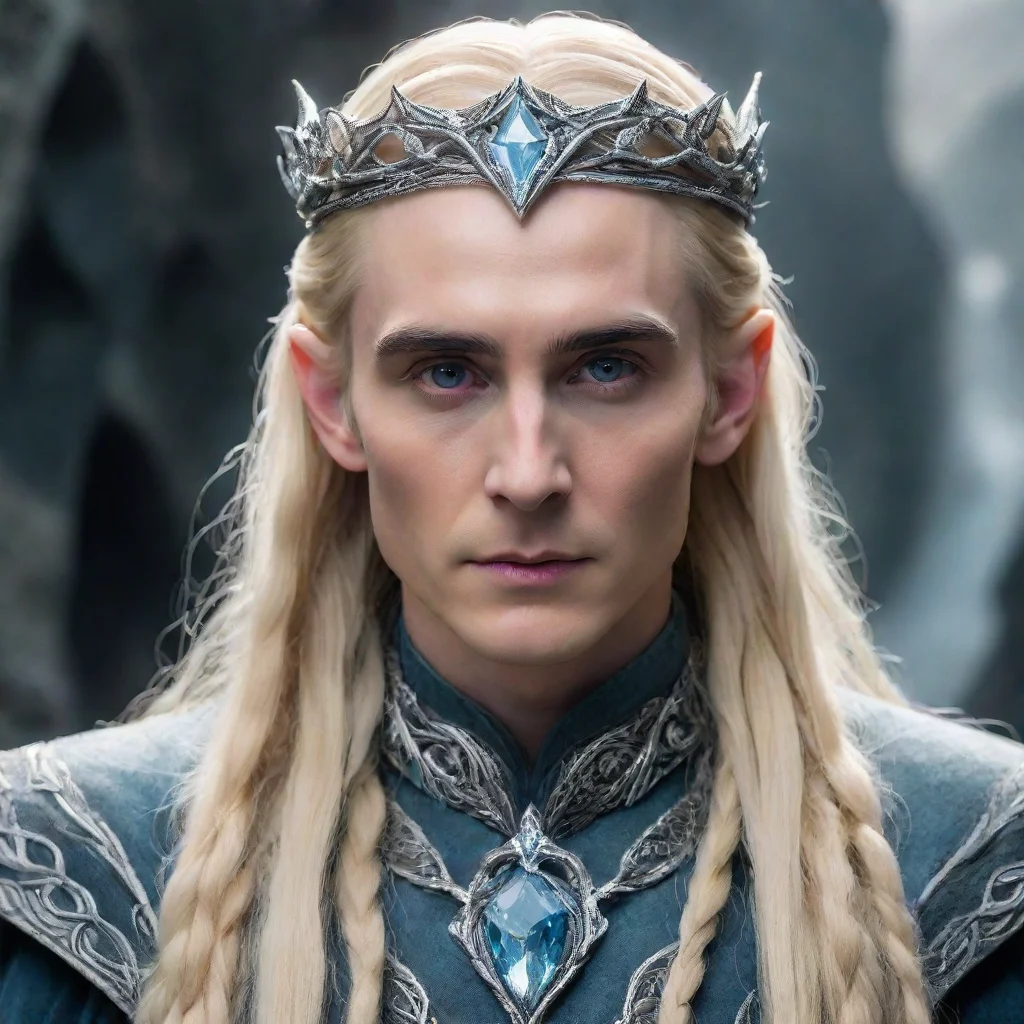 aiamazing tolkien king thranduil with blond hair and braids wearing silver twisted serpentine elvish circlet encrusted with diamonds with large center bluish diamond awesome portrait 2