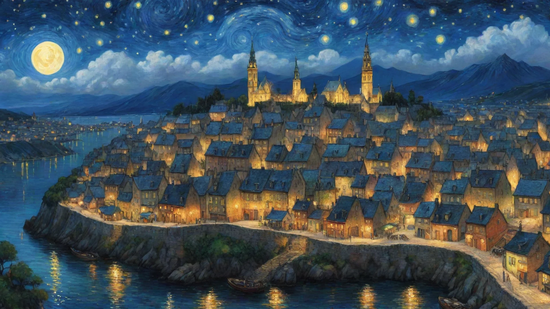 amazing town lit up at night sky epic lovely artistic ghibli van gogh happyness bliss peace  detailed asthetic hd wow awesome portrait 2 wide